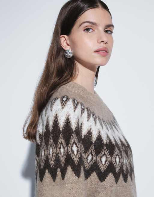 Gina Tricot Jacquard-Strickpullover im Fair-Isle-Stil aus Alpaka mit Wolle in neuem Kamelbraun, 3 von 4