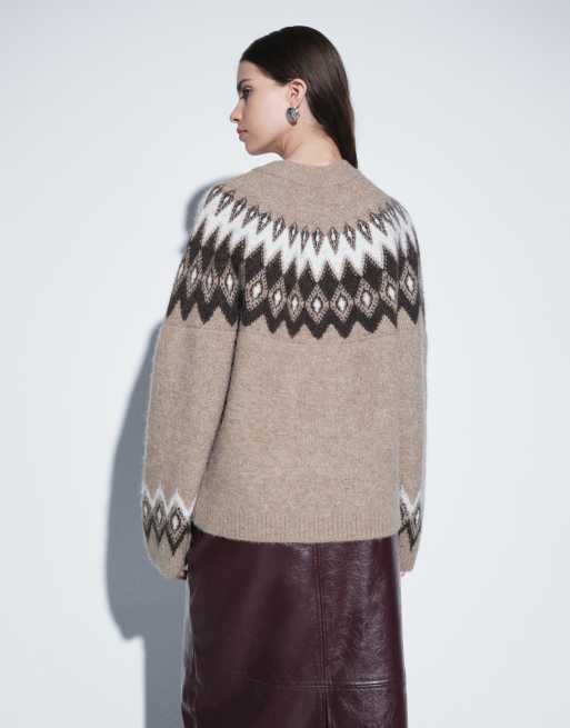Gina Tricot Jacquard-Strickpullover im Fair-Isle-Stil aus Alpaka mit Wolle in neuem Kamelbraun, 4 von 4