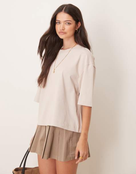 Gina Tricot – Jasnobeżowy luźny T-shirt pudełkowy oversize z okrągłym dekoltem - view 1