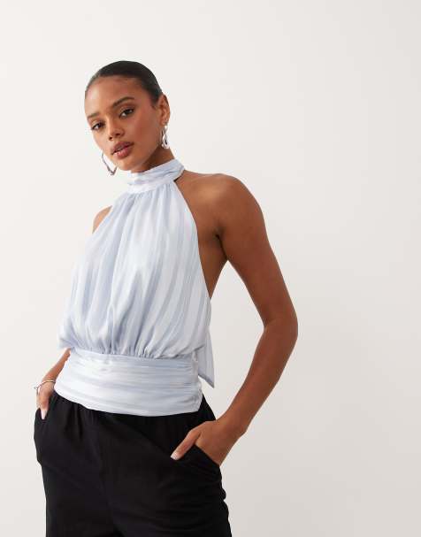 Gina Tricot – Jasnoniebieski, satynowy top z dekoltem halter i zebraną talią - view 1