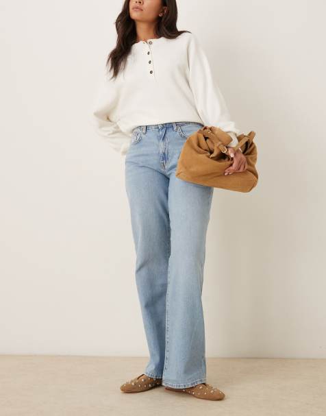 Gina Tricot mid waist wide leg jeans in light wash blue