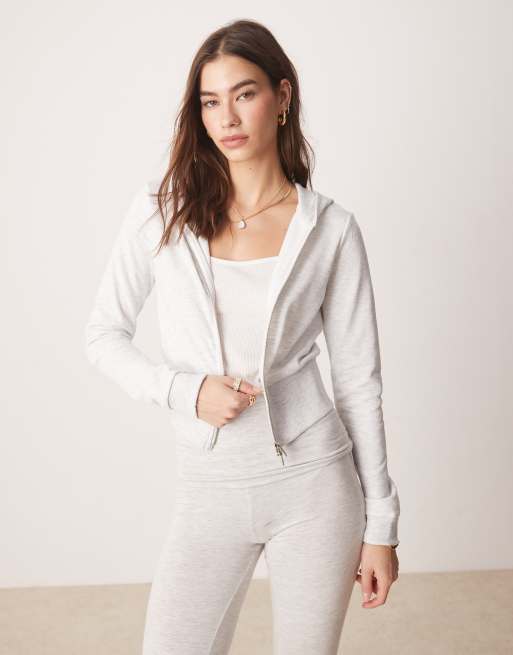 Gina Tricot – Jasnoszara melanżowa bluza o dopasowanym kroju z kapturem i zapięciem na zamek