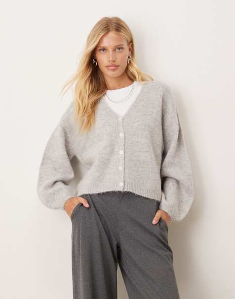 Gina Tricot v neck knitted wool alpaca cardigan in light grey melange