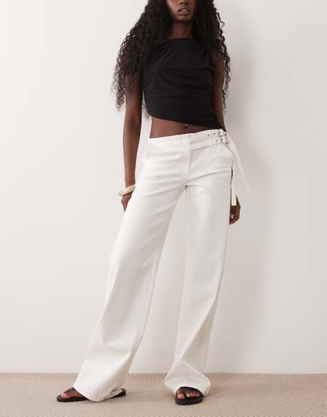 Gina Tricot - Jean droit à taille mi-haute avec ceinture double - Blanc cassé - view 1