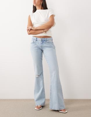 Jean évasé déchiré à taille basse - Bleu clair délavé W34