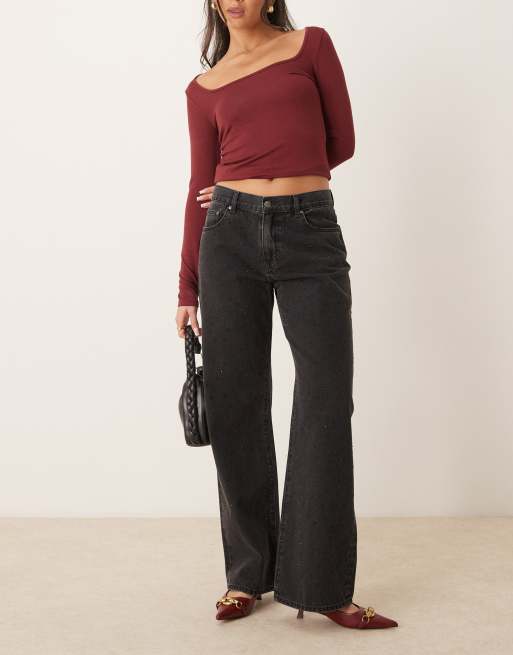 Gina Tricot - Jean large à taille basse avec ornements strass - Noir délavé