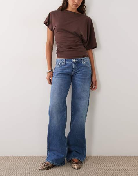 Gina Tricot jeans a vita bassa a gamba larga in blu lavaggio medio - view 1