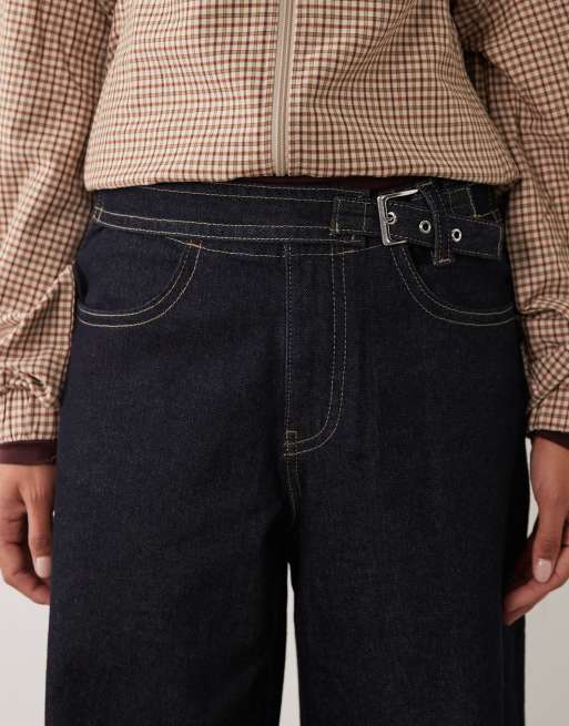 Gina Tricot jeans med brede ben og spænde i mørkeblå vask, 5 af 5