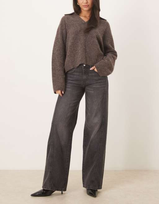 Gina Tricot - Jeans met lage taille en wijde pijpen met zoom aan de voorkant in gebroken zwart