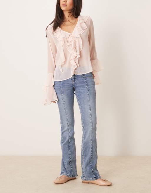 Gina Tricot - Jeans met lage taille, flared pijpen en details aan de voorkant in middenblauw