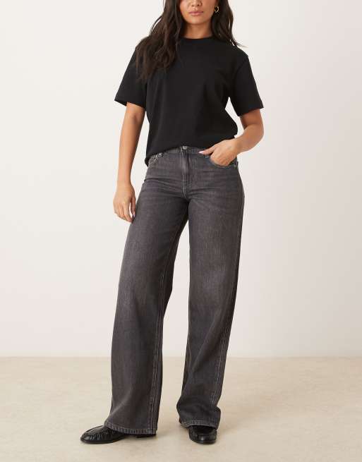 Gina Tricot - Jeans met wijde pijpen en lage taille in donkergrijze wassing