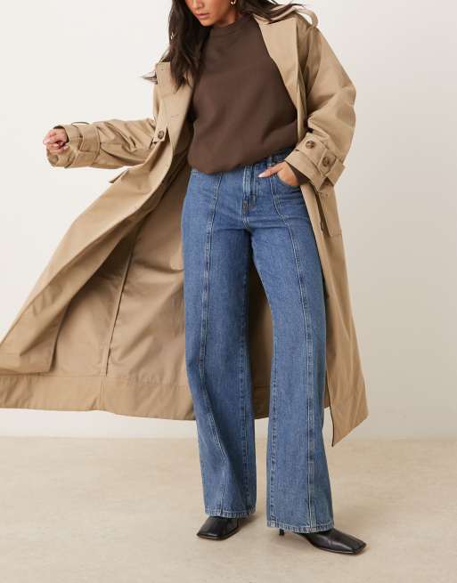 Gina Tricot - Jeans met wijde pijpen en naaddetail aan de voorkant in midwash blauw