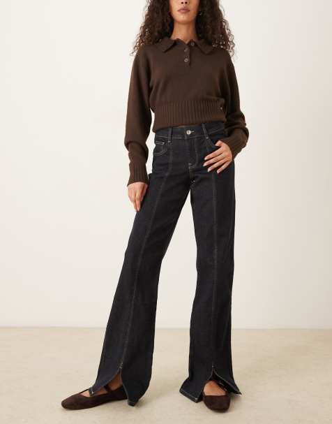 Gina Tricot – Jeans mit niedrigem Bund, Schlitze vorne und Rinse-Waschung in dunklem Indigo - view 1