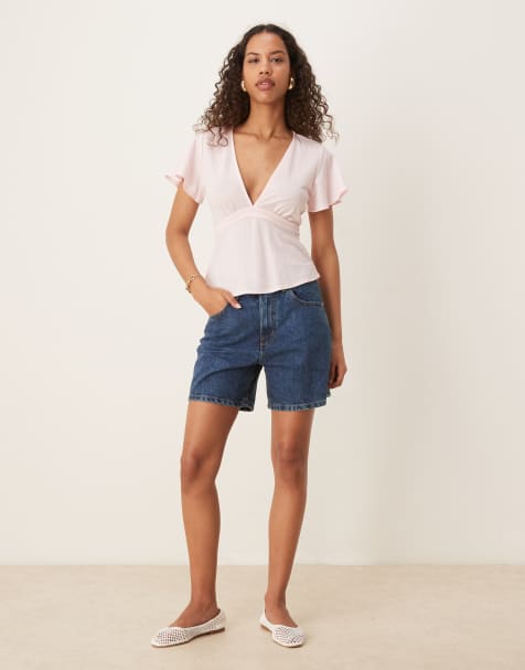 Gina Tricot – Jeansshorts in mittelblauer Waschung mit Umschlagsaum - view 1
