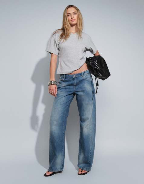 Gina Tricot jeansy z marszczeniem i kieszeniami na zatrzaski w vintage blue wash - view 1