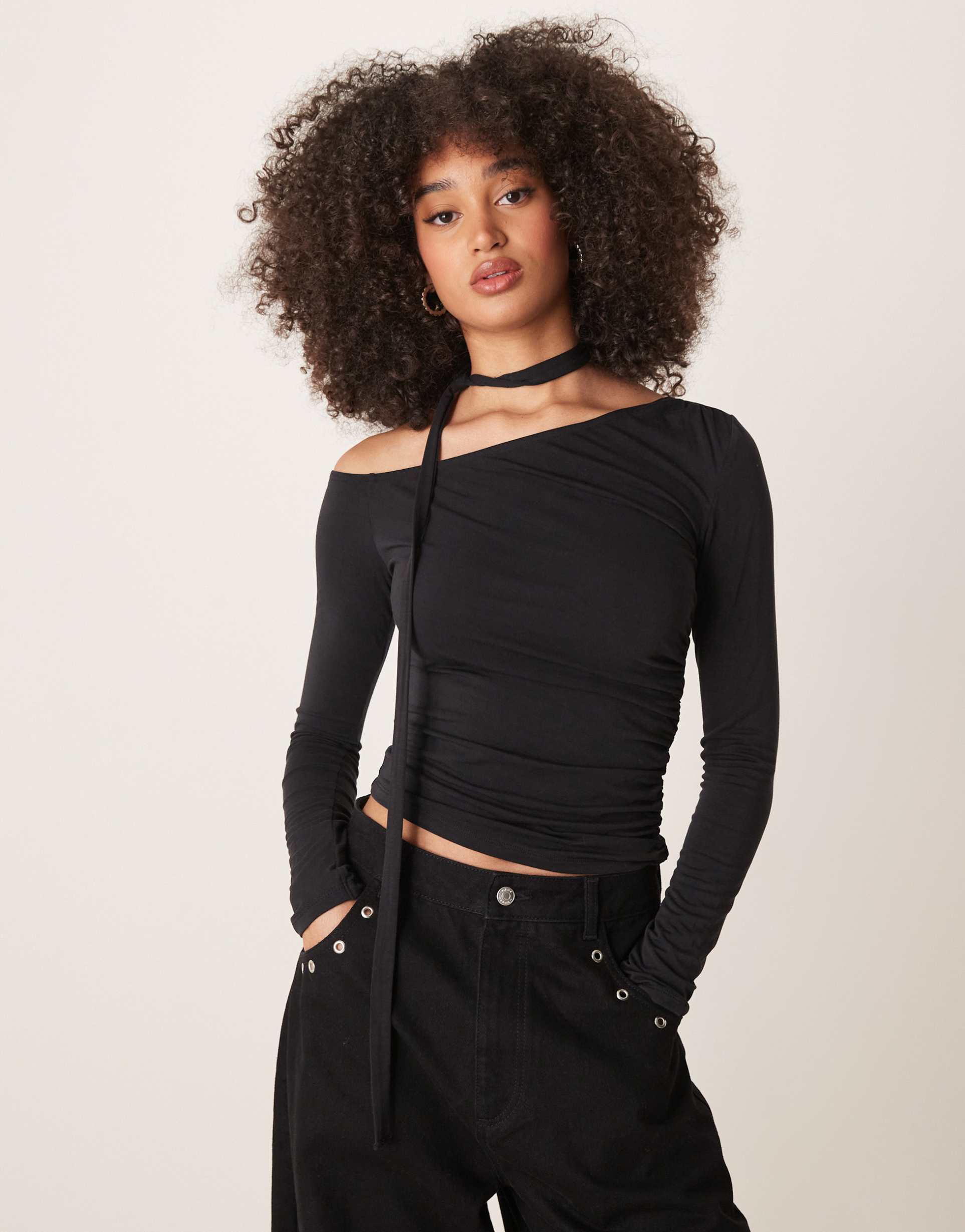 gina tricot jersey asymmetric top with tie in black