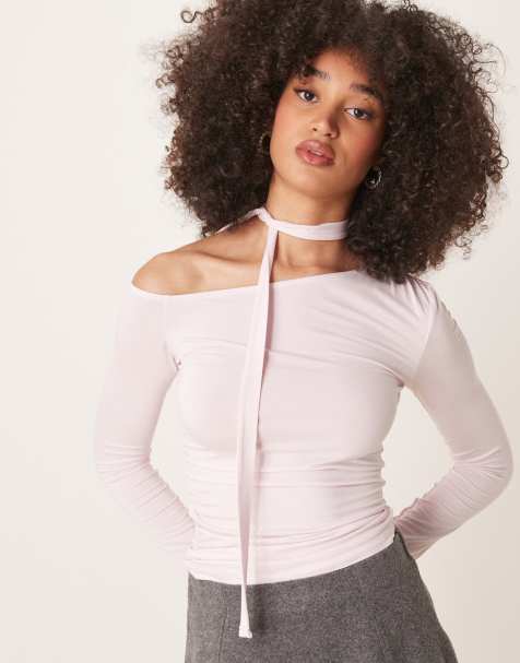 GINA TRICOT jersey asymmetric top with tie in light pink - view 1
