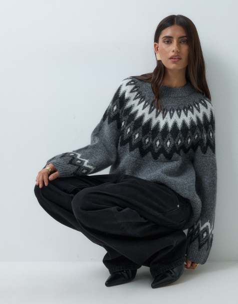 Gina Tricot jersey de punto con cuello redondo y jacquard en gris oscuro - view 1