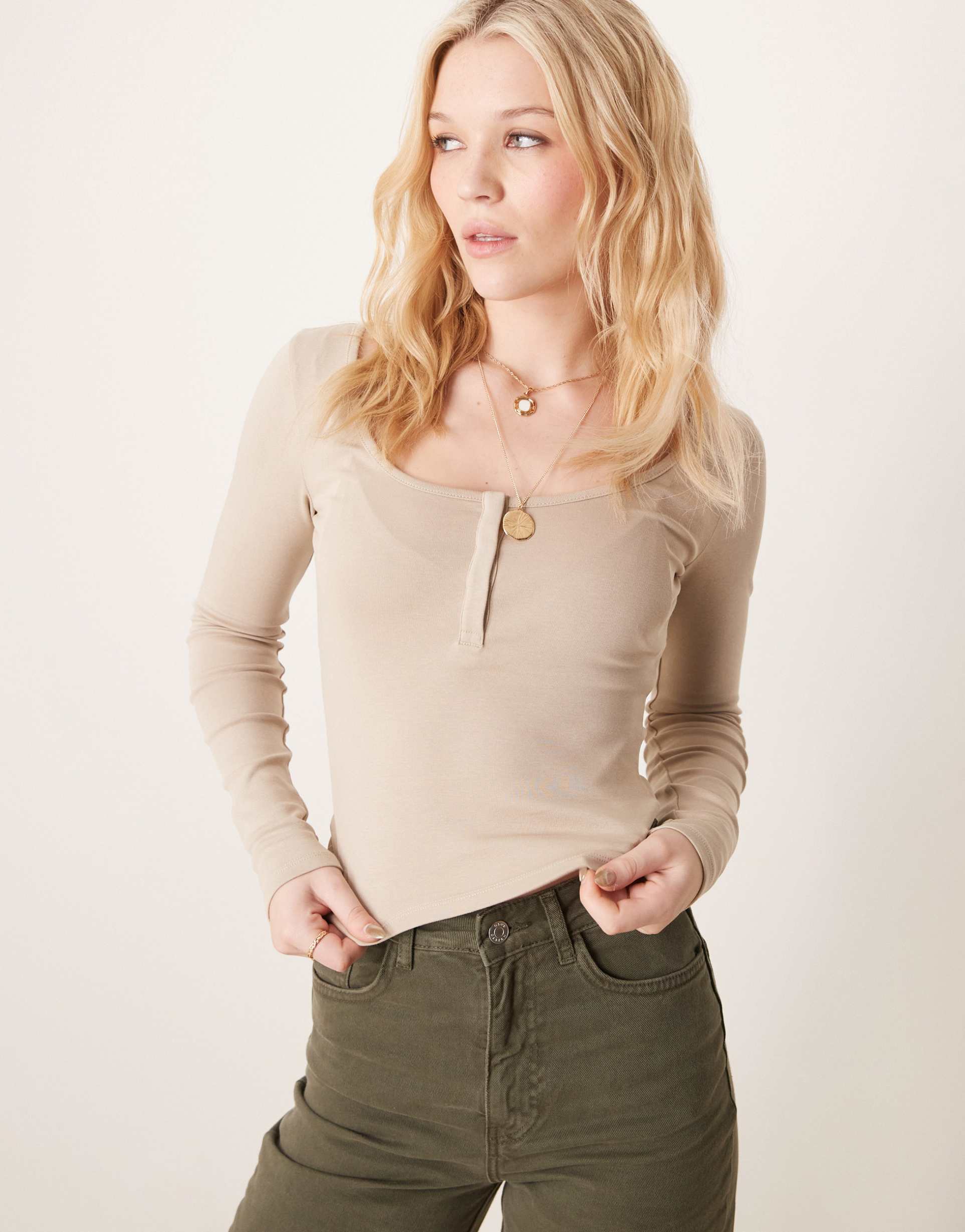gina tricot jersey long sleeve tee with concealed front button detail in light mole