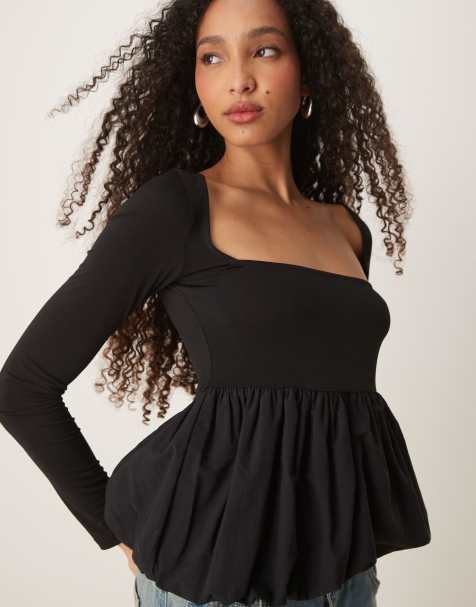 Gina Tricot jersey long sleeve top with woven puff ball hem in black - view 1
