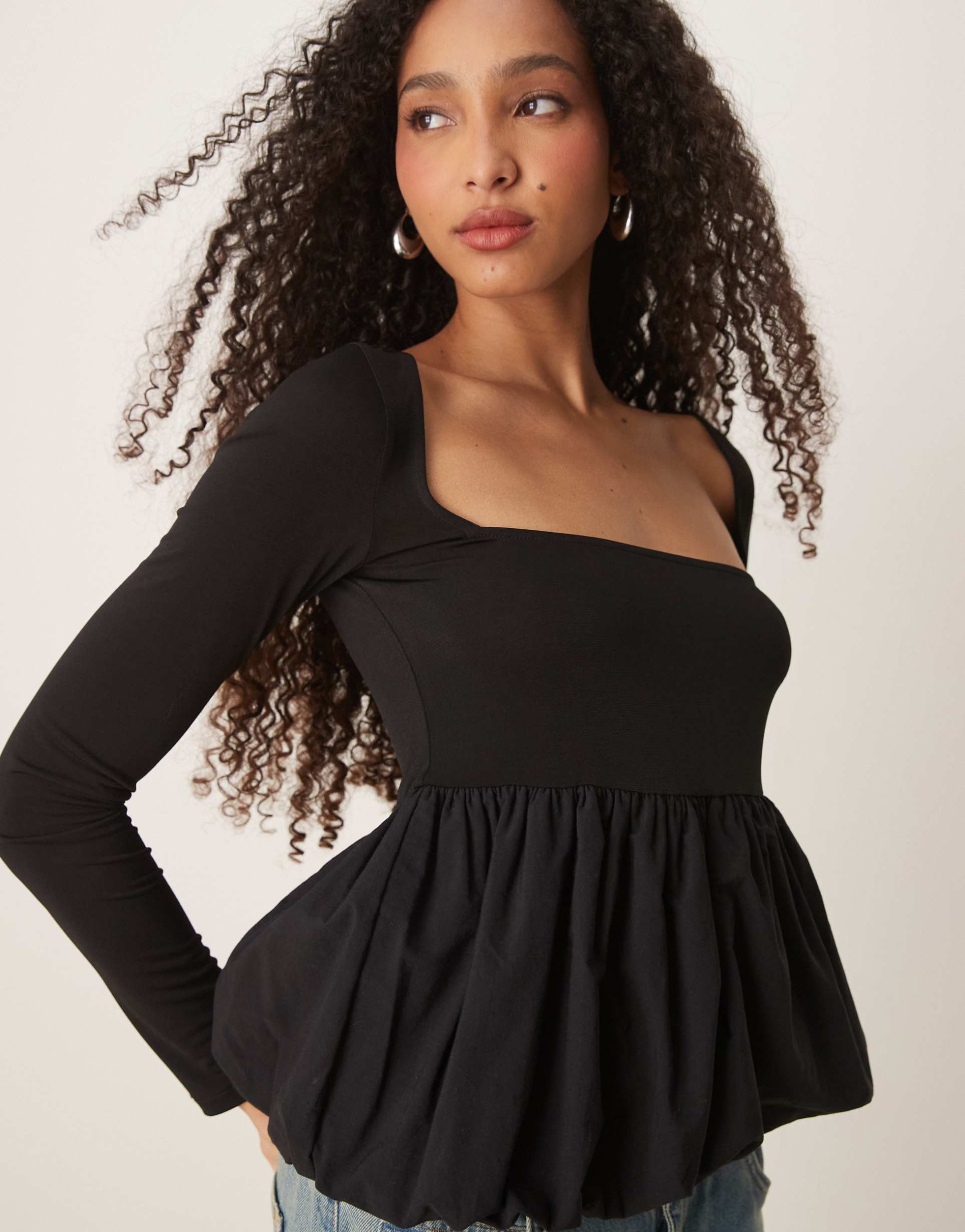 gina tricot jersey long sleeve top with woven puffball hem in black