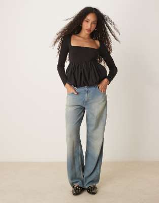 GINA TRICOT JERSEY LONG SLEEVE TOP WITH WOVEN PUFFBALL HEM 