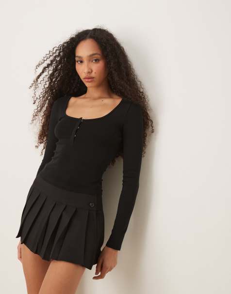 Gina Tricot jersey long sleeve with concealed front button detail in black - view 1