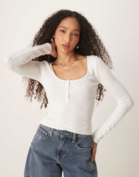Gina Tricot jersey long sleeve with concealed front button detail in off white - view 1