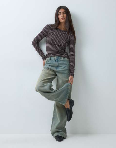 Gina Tricot jersey rib round neck long sleeve top in brown stripe