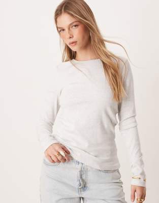 jersey rib round neck long sleeve top in gray melange