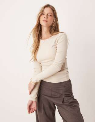 jersey rib round neck long sleeve top in stone-Neutral