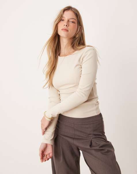 Gina Tricot jersey rib round neck long sleeve top in stone - view 1