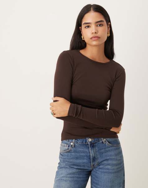Gina Tricot jersey ribbed round neck long sleeve top in dark brown mole - view 1