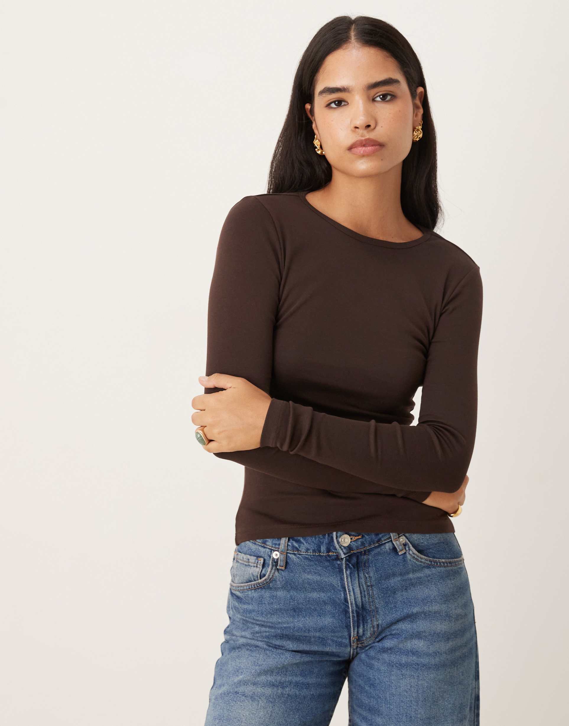 gina tricot jersey ribbed round neck long sleeve top in dark brown mole