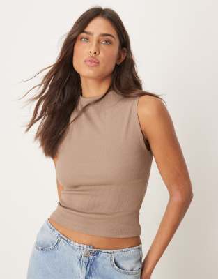 jersey sleeveless funnel neck top in light brown-Neutral