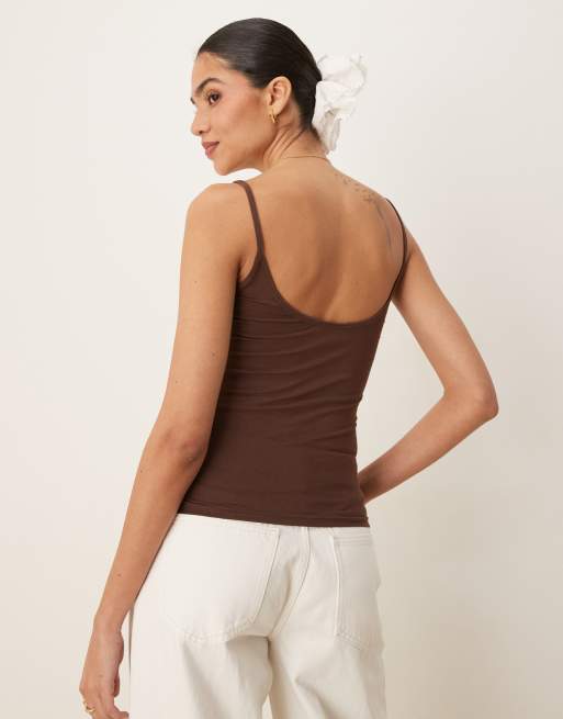 Gina Tricot jersey strappy cami top in brown, 3 of 4