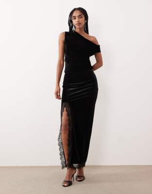 Gina Tricot - Jupe d'ensemble longue en velours à fente latérale bordée de dentelle - Noir