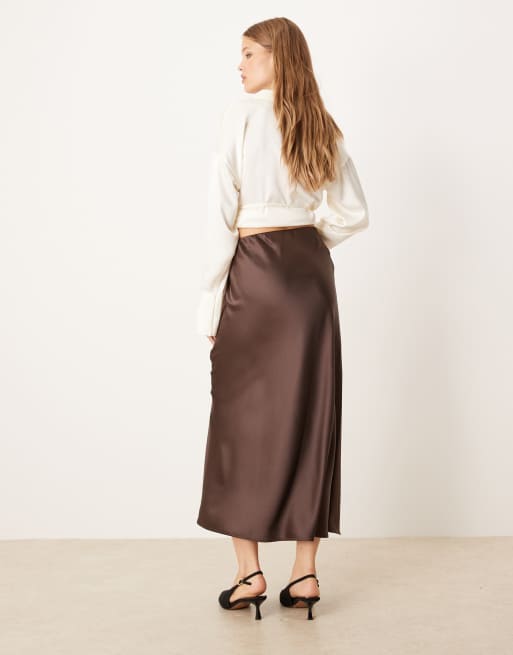 Gina Tricot - Jupe mi-longue en satin - Marron, 2 de 5