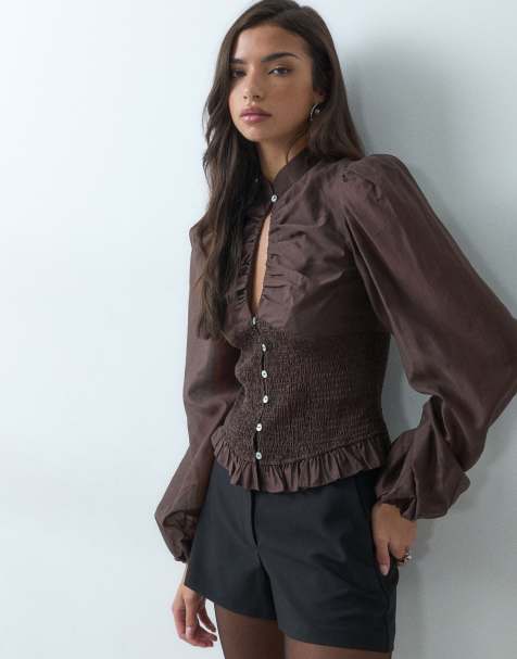 Gina Tricot keyhole detail blouse in brown - view 1