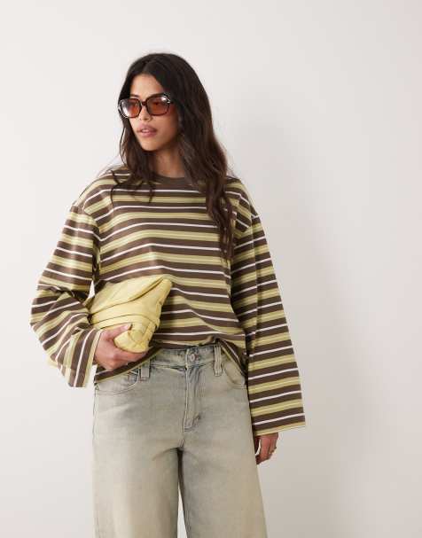 Gina Tricot - Khaki langærmet top med striber - view 1