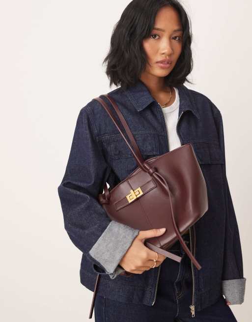 Gina Tricot - Kleine tote tas van imitatieleer met banden en clutch-detail in bordeauxrood