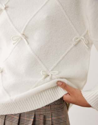 Gina Tricot Knit Bow Trim Sweater In Neutral