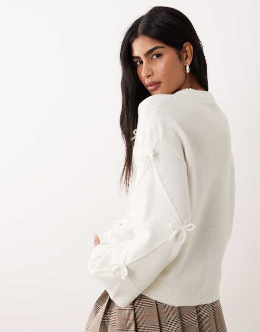 Gina Tricot knit bow trim sweater in cream, 4 of 4