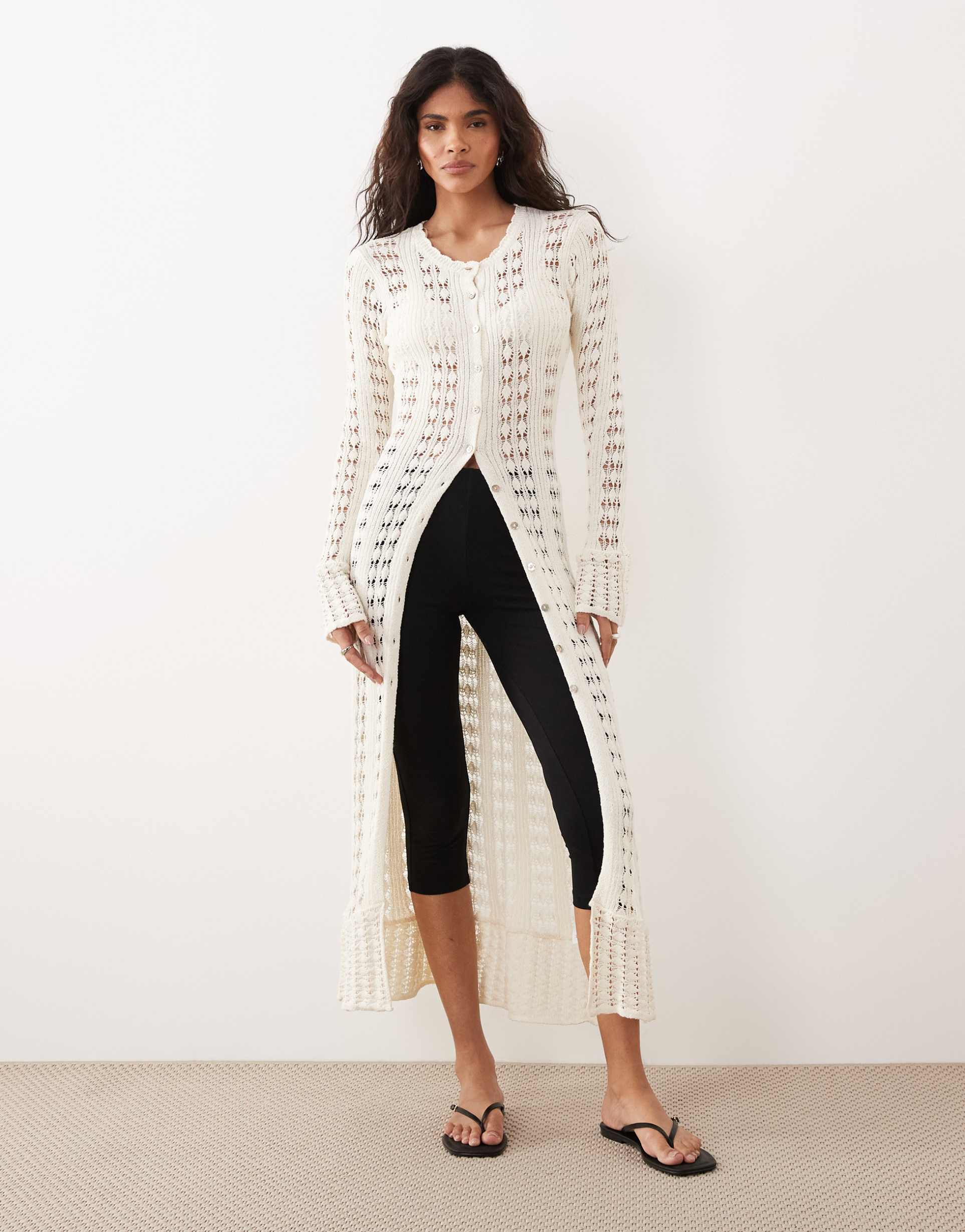 gina tricot knit crochet knit long cardigan dress in cream