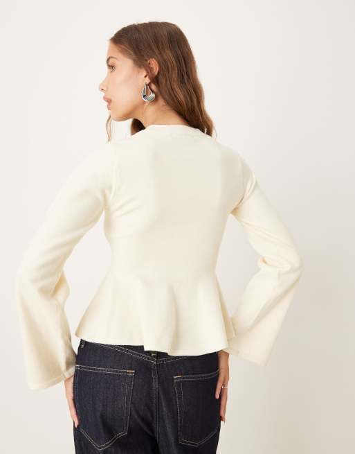 Gina Tricot knit peplum top in cream, 3 of 4