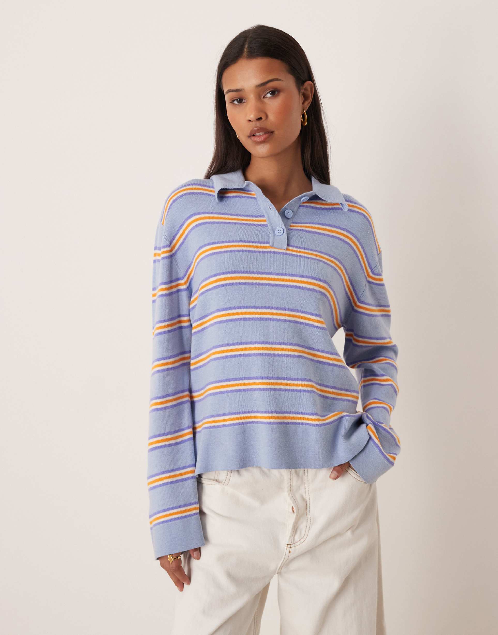 gina tricot knit polo sweater in blue and orange stripes