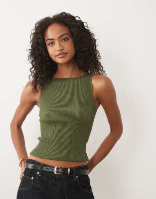 Gina Tricot Knit Ribbed Tank Top In Green