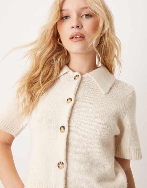 Gina Tricot knit short sleeve collar cardigan in cream