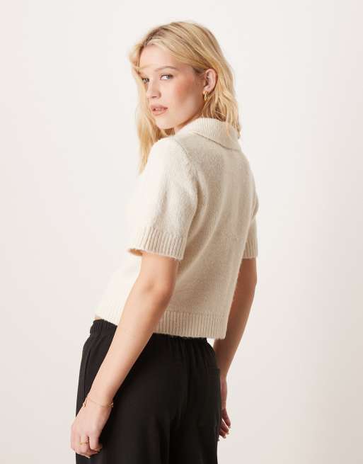 Gina Tricot knit short sleeve collar cardigan in cream