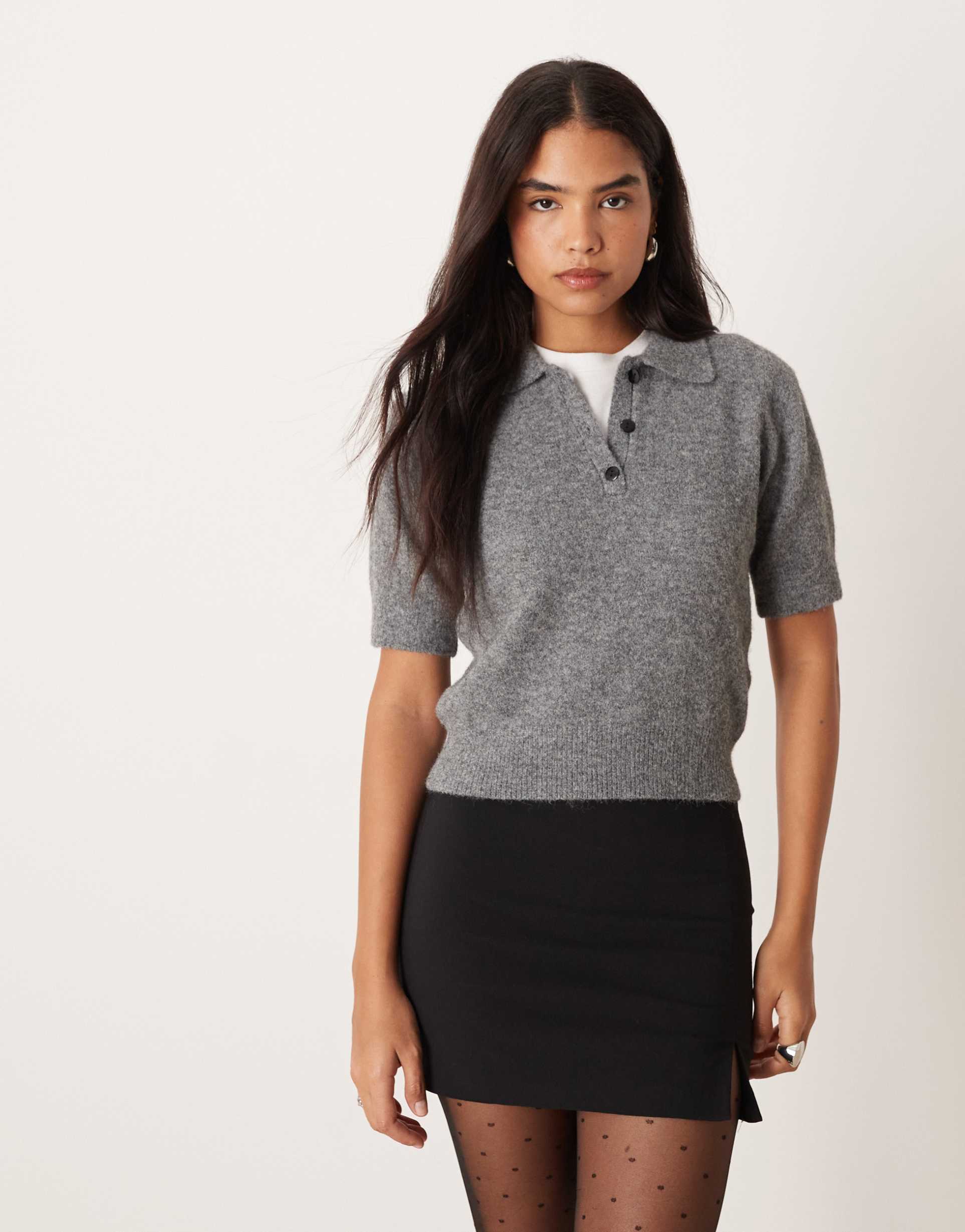 gina tricot knit short sleeve collar top in mid gray